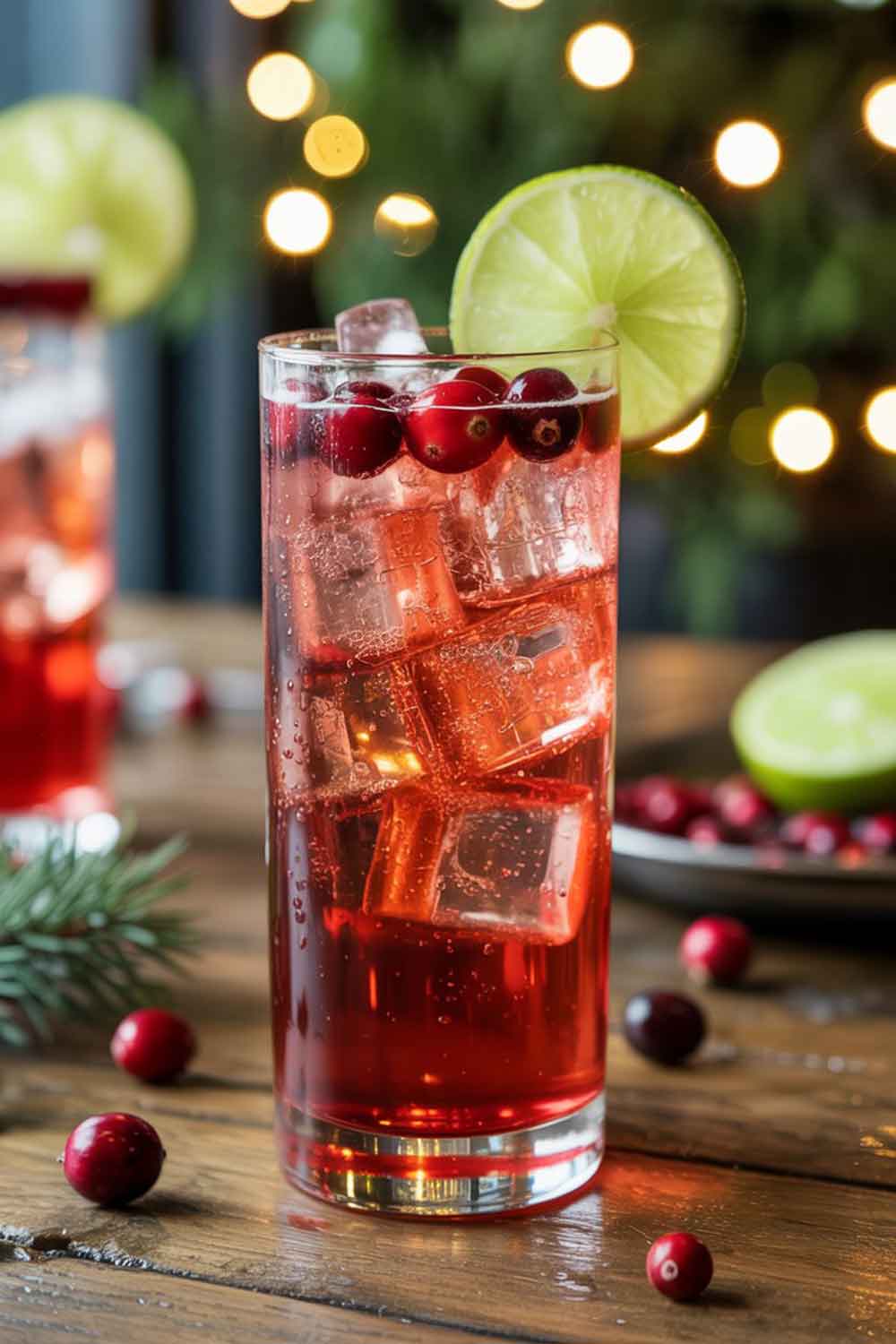 Create a high-resolution, realistic image of a Cranberry Ginger Sparkler mocktail in a tall clear highball glass filled with ice. The drink should be vibrant red with fizz from ginger beer, topped with whole fresh cranberries and a lime wheel on the rim. Place the glass on a rustic wooden table with soft holiday lights and greenery blurred in the background. Highlight condensation on the glass and bubbles rising through the drink.