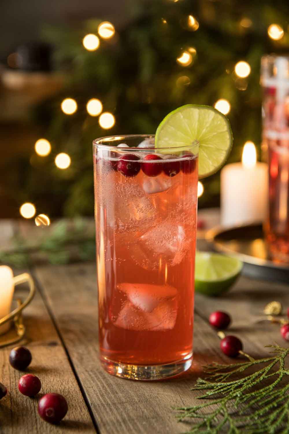 Cranberry Tequila Sparkler A tall highball glass filled with a pale red sparkling cranberry tequila cocktail, garnished with fresh cranberries and a lime wheel. Set on a rustic wooden table with warm holiday lights blurred in the background, evergreen sprigs scattered nearby, and soft candlelight creating a cozy glow.