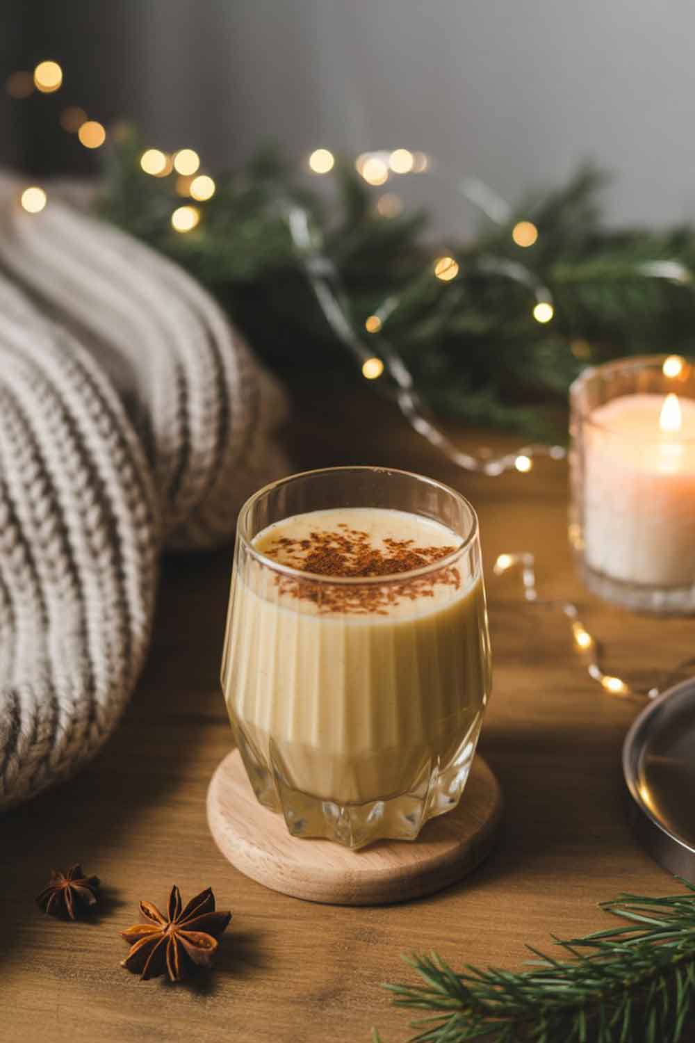 Spiced Rum Eggnog A creamy spiced rum eggnog cocktail served in a short tumbler glass, topped with freshly grated nutmeg. Set on a wooden coffee table with a cozy knitted throw and a lit candle nearby. Background includes soft fairy lights and a pine garland.