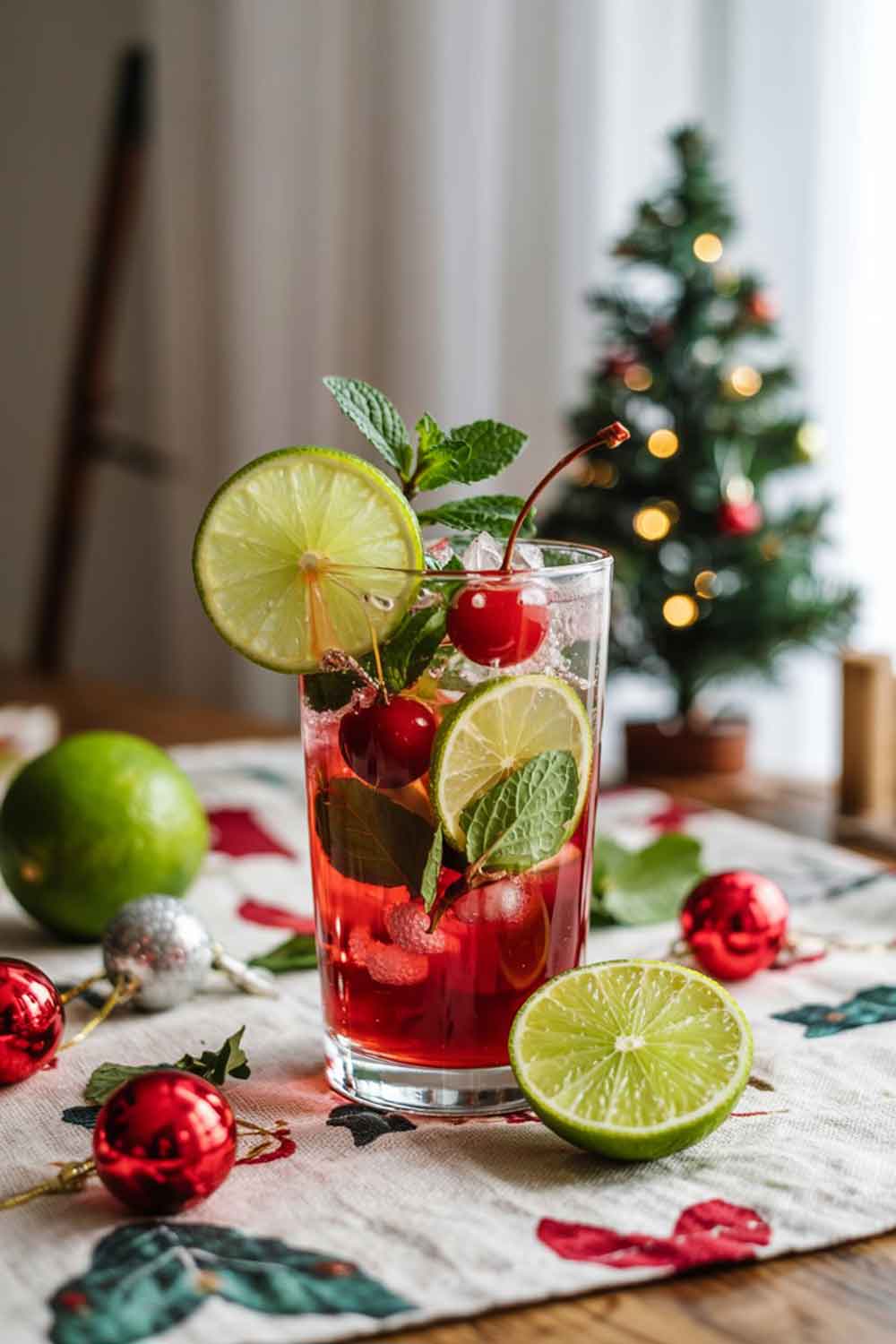 A vibrant mojito in a tall glass with deep red cherry juice, lime wedges, mint leaves, and sparkling soda. Garnished with a maraschino cherry and lime wheel. Crushed ice and fizzy bubbles visible. Set on a holiday-themed table runner with scattered red ornaments and a mini Christmas tree in the background. Natural lighting, cozy home feel.