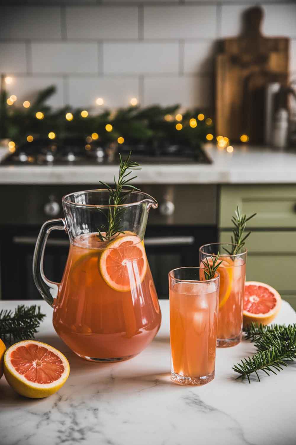 Holiday Paloma Punch A pitcher and matching highball glass filled with pale pink grapefruit Paloma punch, garnished with rosemary sprigs. Styled with halved grapefruits, pine branches, twinkling lights, and a cozy kitchen background.