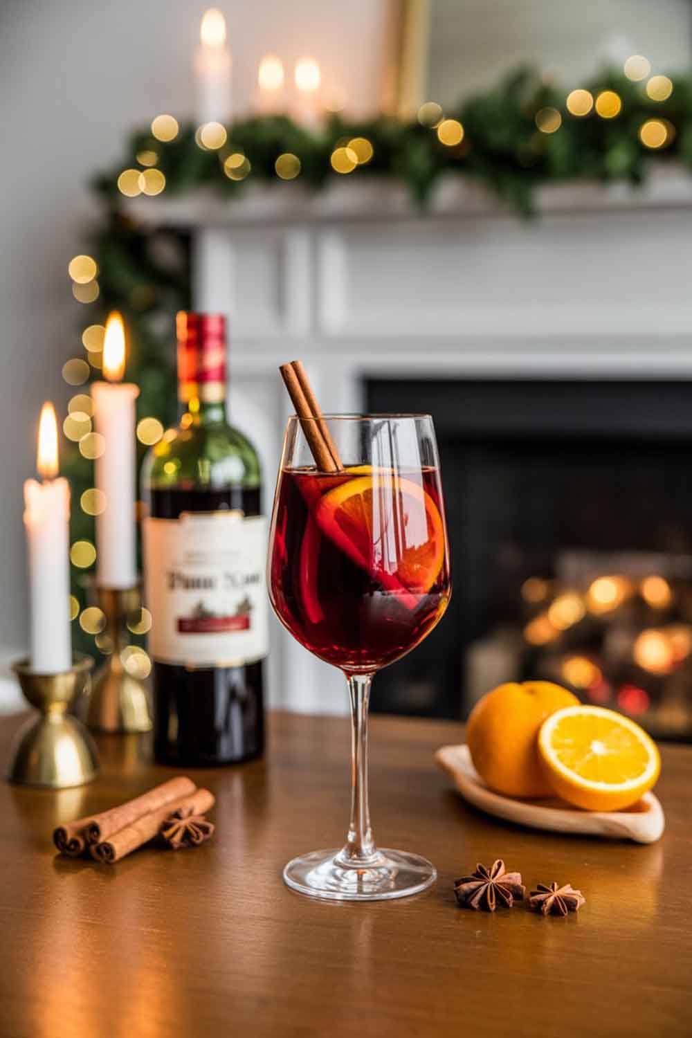 Mulled Wine Rum Spritzer A wine glass filled with red mulled wine spritzer, garnished with a cinnamon stick and orange slice. Set in a cozy living room with candles, garland, and a fireplace background. A bottle of red wine and rum nearby.