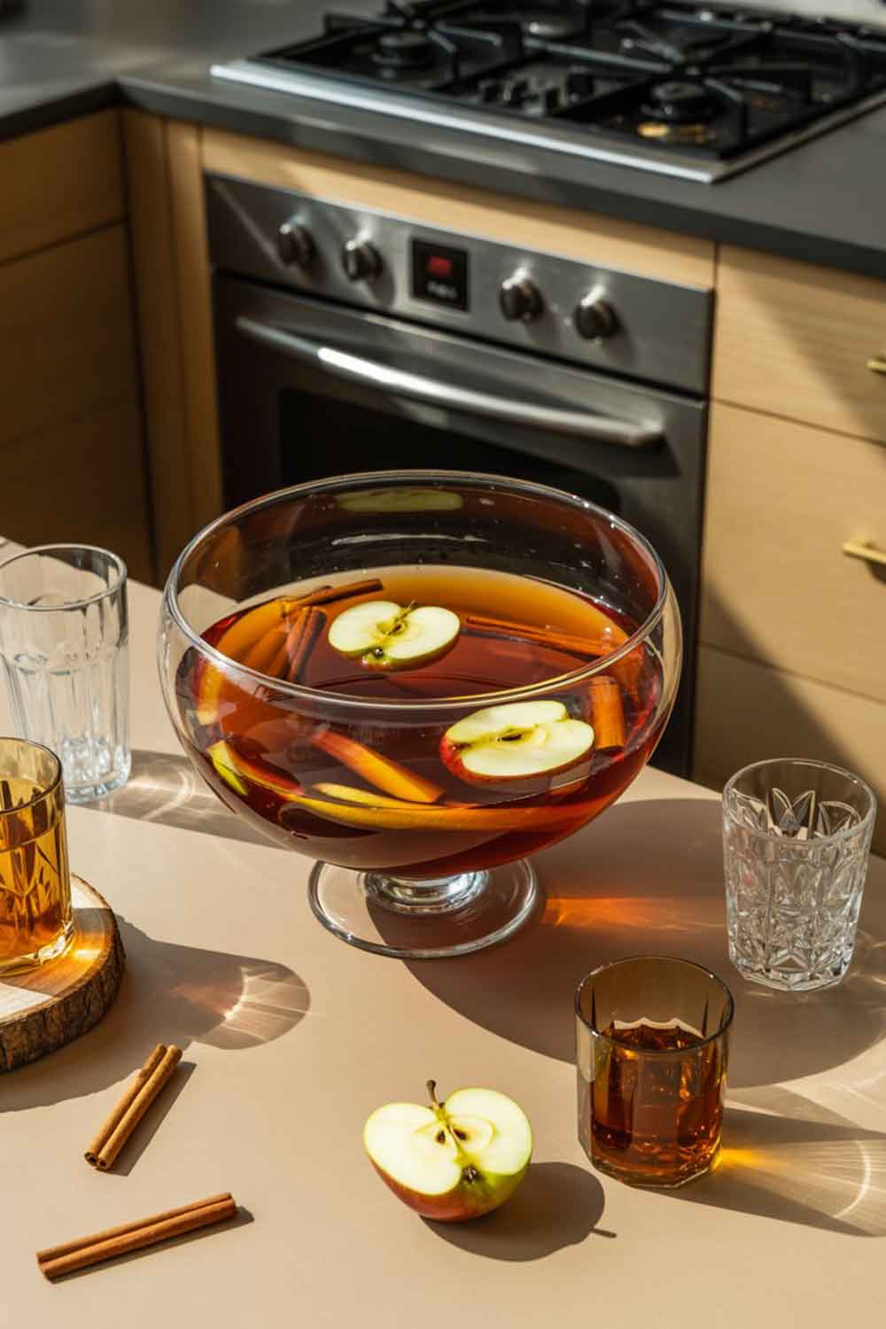 Spiced Apple Rum Punch Large glass bowl of spiced apple rum punch with cinnamon sticks and sliced apples, a warming autumn cocktail perfect for sharing.
