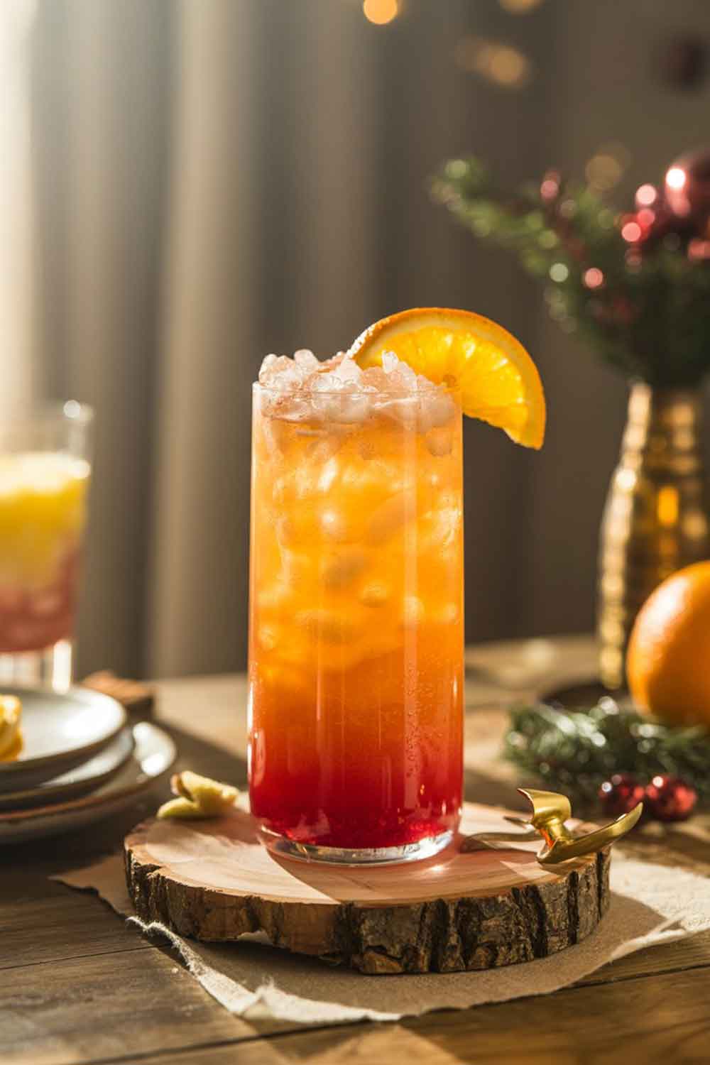 Layered orange and cranberry sunrise mocktail in a tall glass with crushed ice and an orange slice on a cozy holiday breakfast table.
