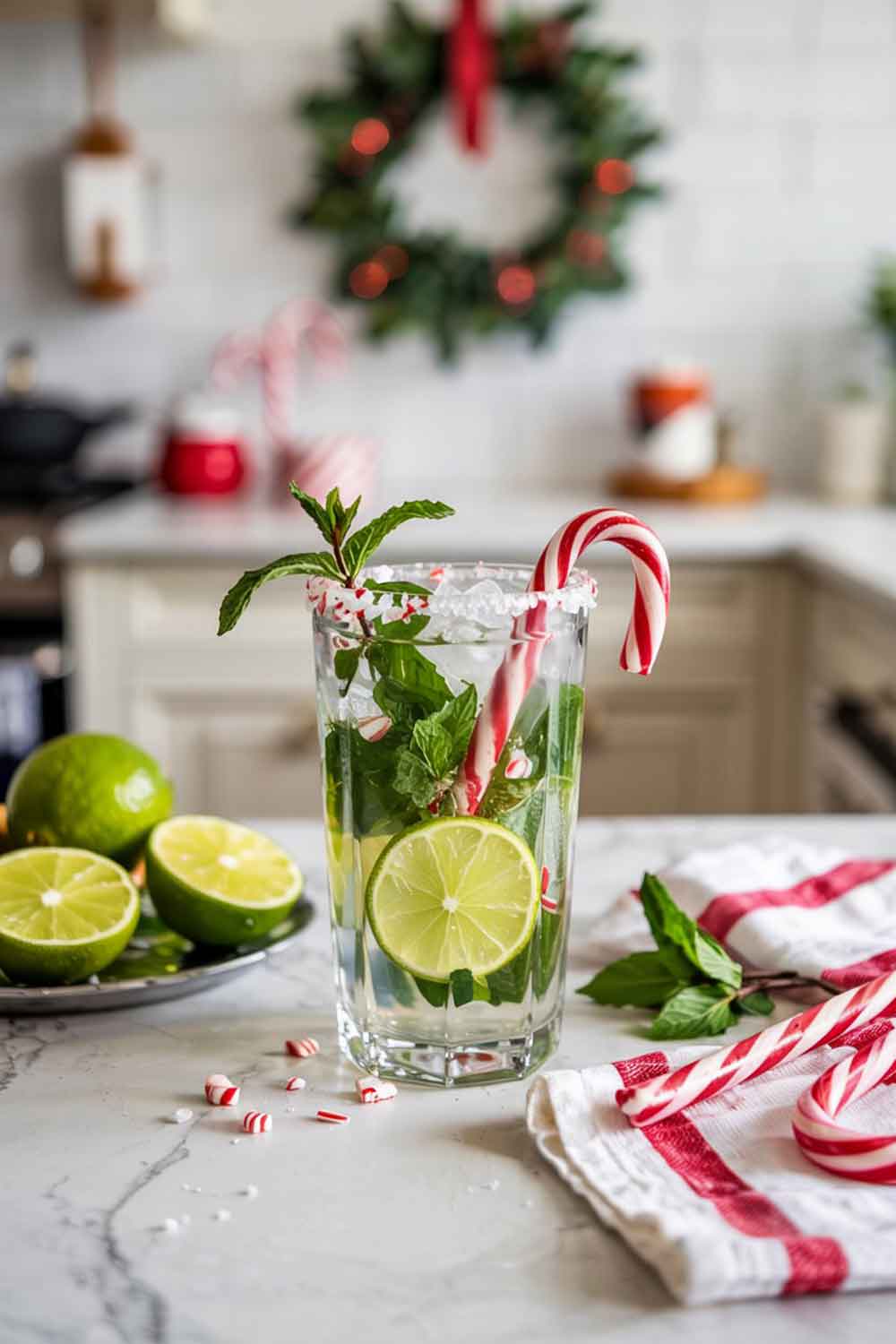 A crystal-clear peppermint mojito in a Collins glass with crushed ice, mint leaves, and lime slices. Rimmed with crushed candy cane. Garnished with a candy cane stick and mint sprig. Placed on a white kitchen counter with red-striped dish towels and a small festive wreath in the background.
