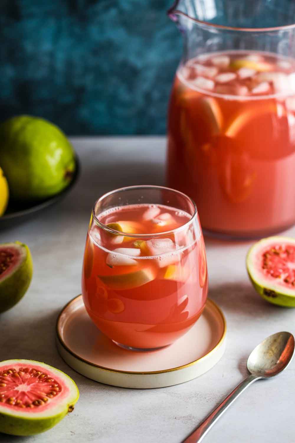 Guava Rum Punch Glass and jug filled with guava rum punch on a white table, surrounded by sliced guavas and ice cubes, a tropical fruit cocktail idea for gatherings.