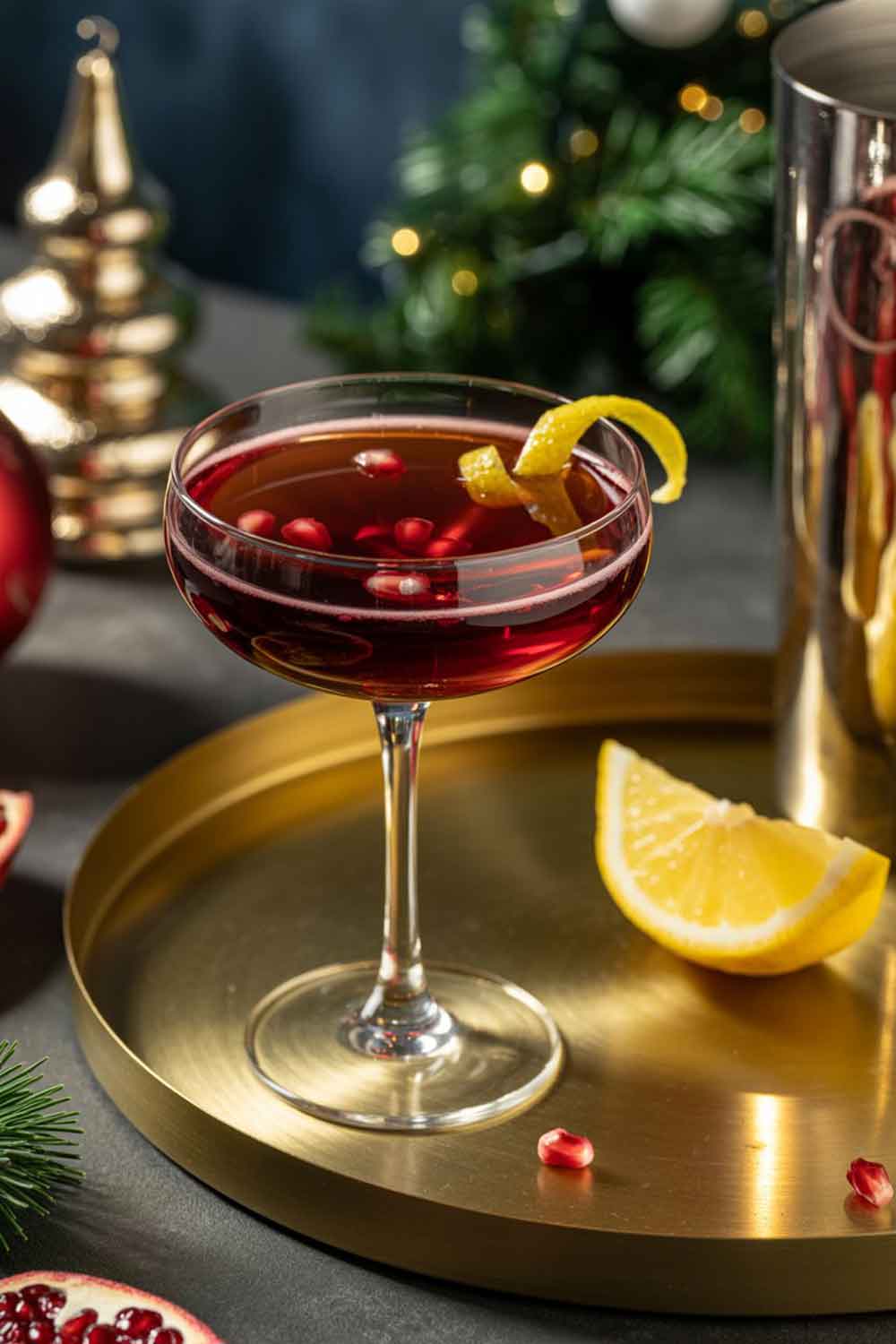 Sparkling Pomegranate Spiced Rum Smash A sparkling cocktail with a deep pomegranate hue, served in a coupe glass with floating pomegranate seeds and lemon twist. Styled on a festive bar tray with gold accents and elegant Christmas decorations in the background.
