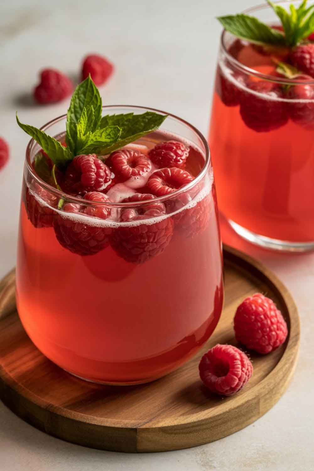Raspberry Rum Punch Two glasses of raspberry rum punch garnished with fresh raspberries and mint leaves, a fruity red cocktail served on a wooden coaster.