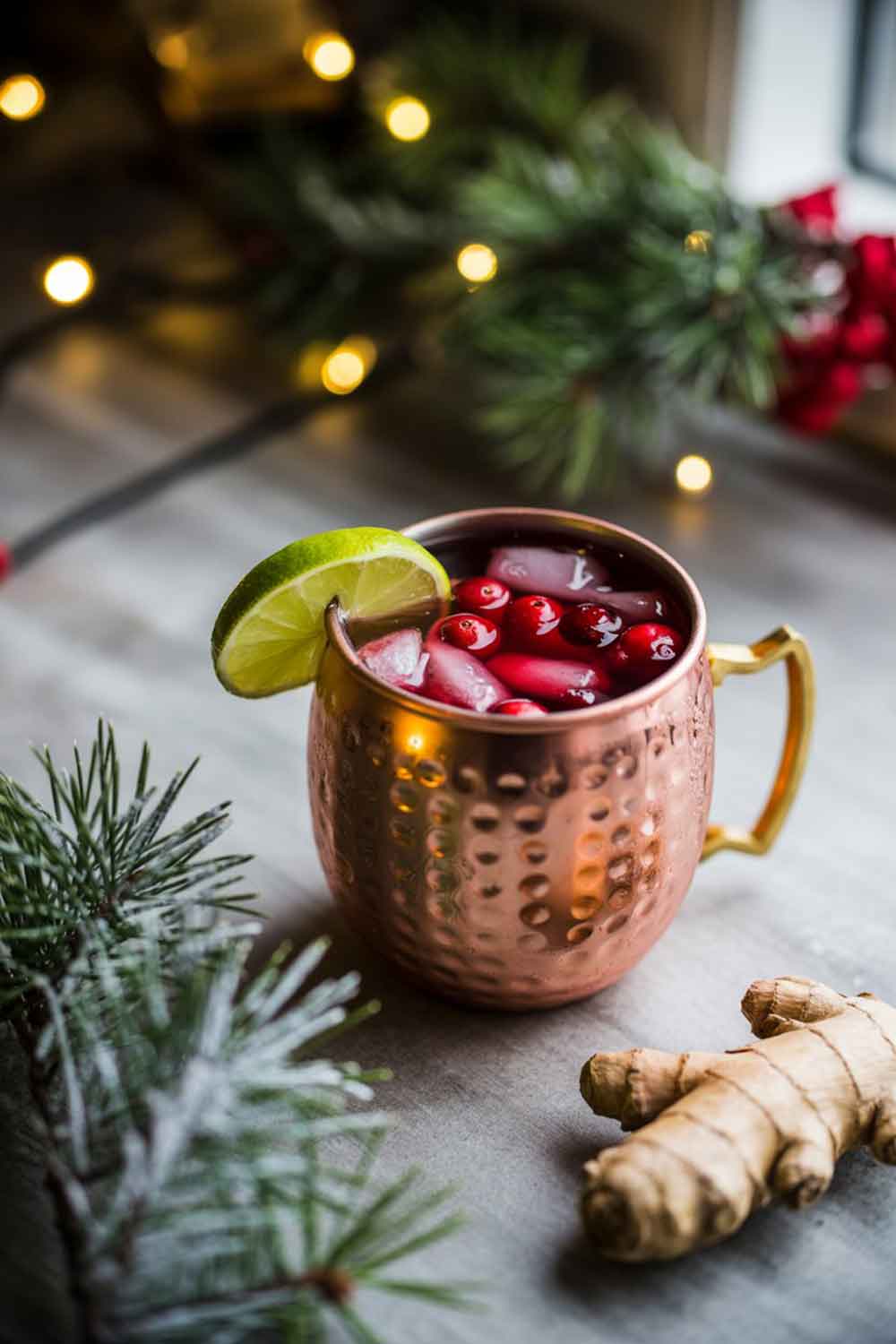 Tequila Cranberry Mule A copper mule mug filled with a bright red cranberry mule, lime wedge and cranberries on top. Placed on a rustic table with frosted pine decorations, ginger root, and soft holiday lights glowing behind it. Cozy home ambience.