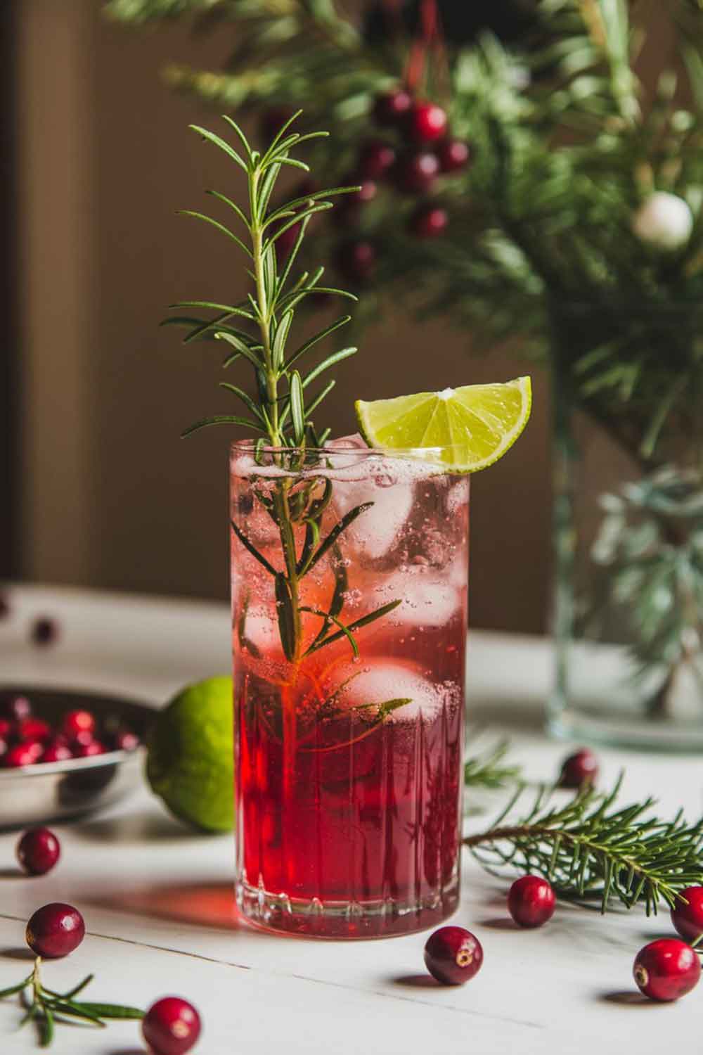 Cranberry mocktail in a tall glass with ice, lime, and a rosemary sprig, placed on a wooden table with cranberries and evergreen.