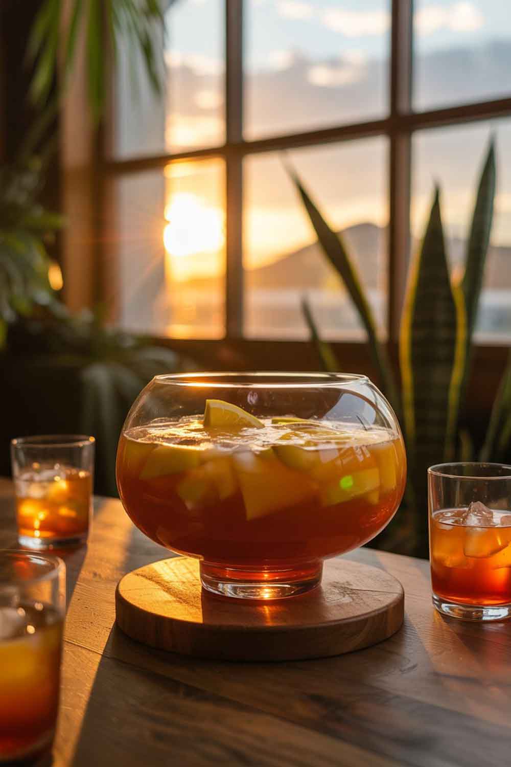 Tropical Sunset Rum Punch Large glass punch bowl filled with tropical sunset rum punch and fruit chunks, glowing in the warm light of the setting sun by a window.