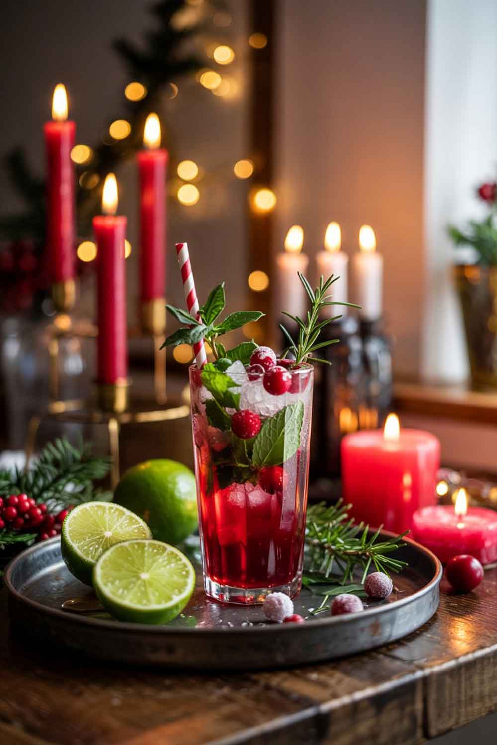A Christmas mojito in a tall Collins glass with deep red cranberry juice, mint, lime, and soda. Garnished with a sprig of rosemary and sugared cranberries. Crushed ice makes it sparkle. Placed on a holiday serving tray with red candles and a pine garland. Warm and cozy kitchen corner.