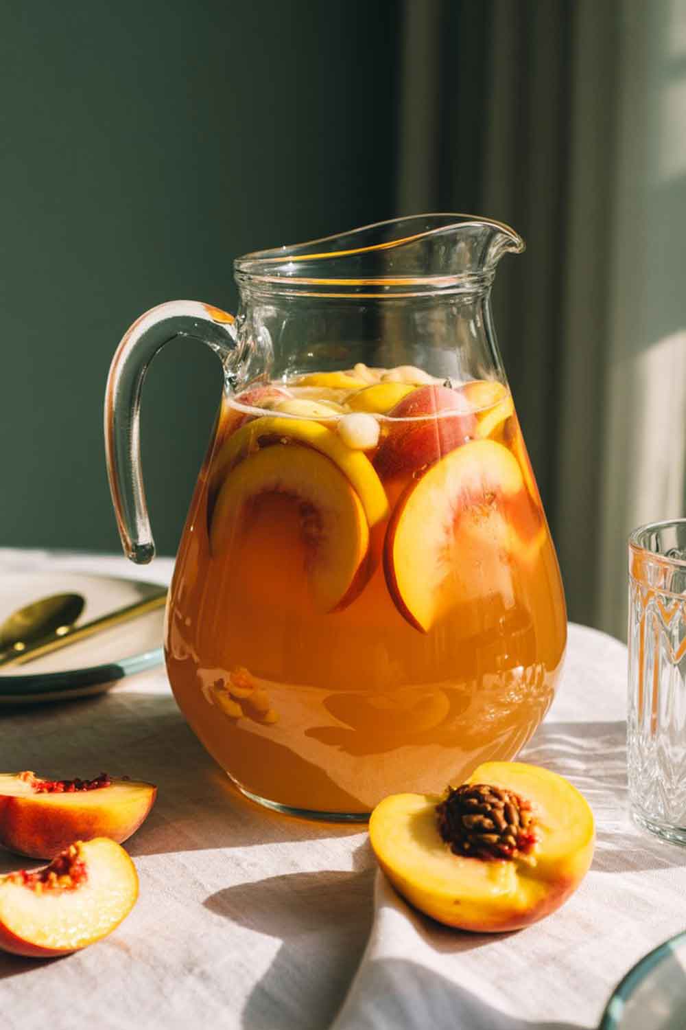 Peach & Passion Rum Punch Glass jug filled with peach and passion rum punch, garnished with sliced peaches and ice cubes, sitting on a sunlit table with halved peaches nearby.