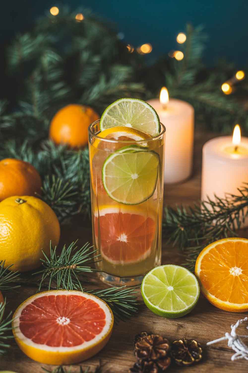 Winter Citrus Tequila Refresher A tall glass with a layered citrus tequila drink featuring orange, grapefruit, and lime slices. Set among fresh winter citrus, fir branches, and glowing candles on a wooden table for a bright but cozy feel.