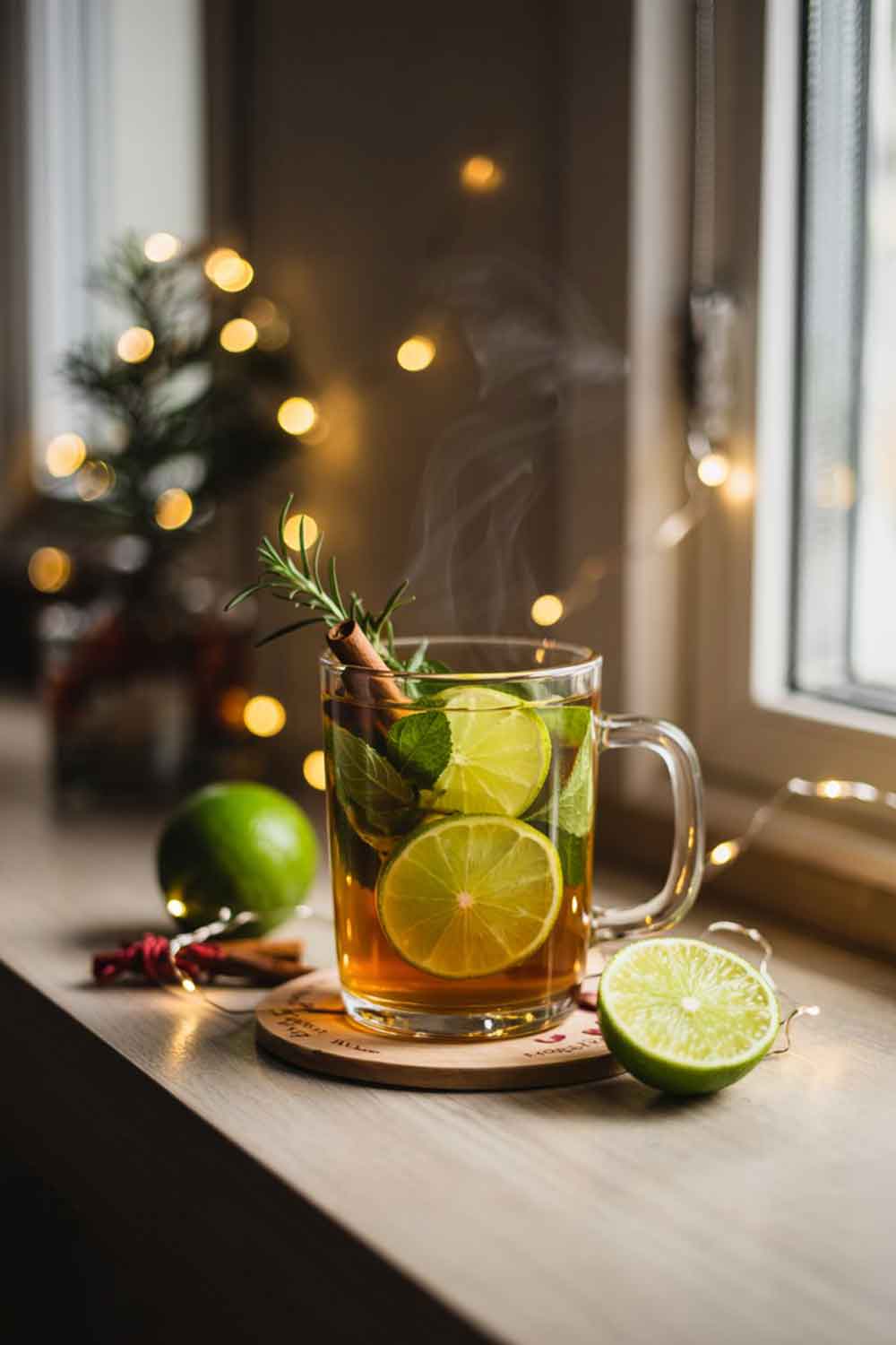 A rare warm mojito served in a heatproof glass mug, amber in color with steam rising. Made with mulled syrup, lime, mint, and spiced rum. Garnished with a cinnamon stick and rosemary. Placed near a window with frost on the glass and fairy lights twinkling in the background. Inviting, comforting home setting.