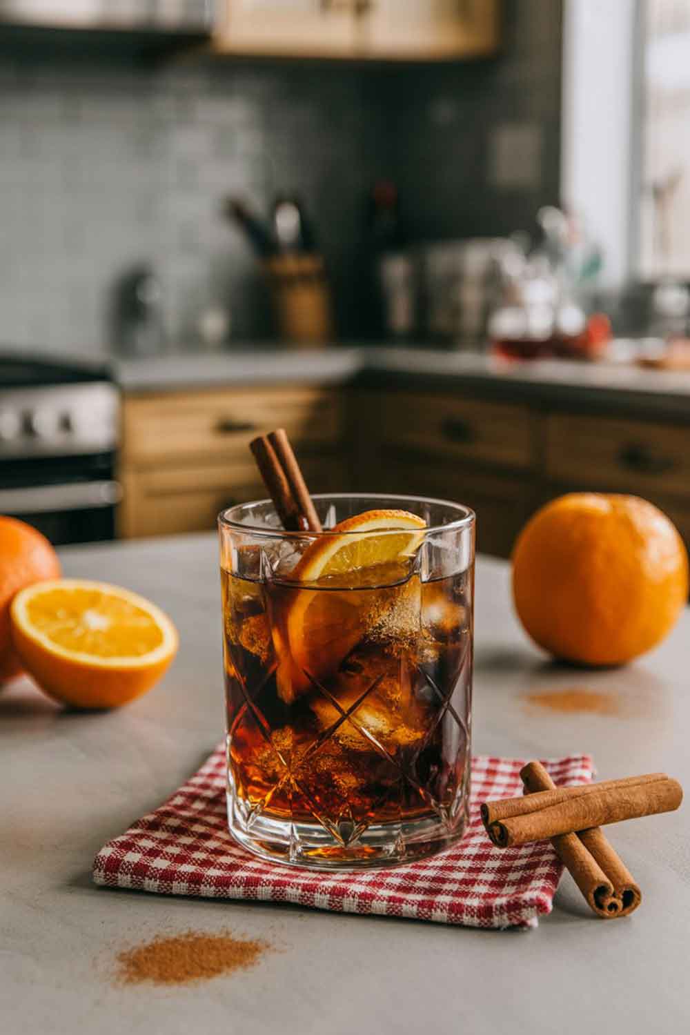 Spiced Rum & Cola with a Holiday Twist A rocks glass filled with spiced rum and cola, garnished with an orange wedge and a sprinkle of cinnamon. Styled with a rustic napkin, oranges, and cinnamon sticks in a relaxed home kitchen scene with subtle holiday touches.