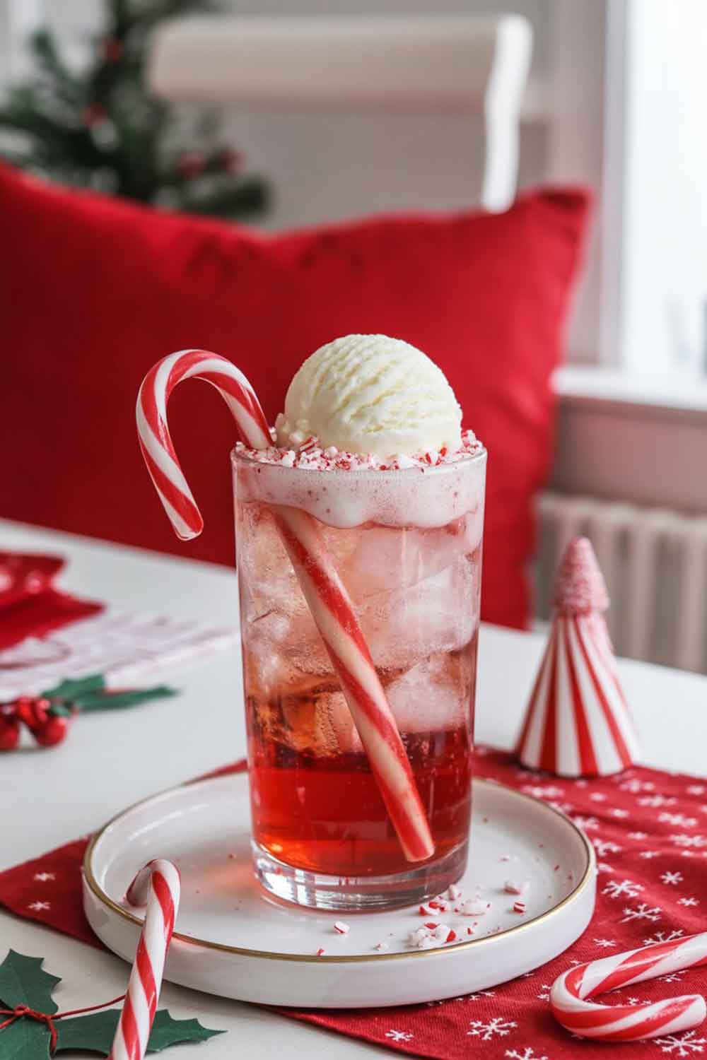 Peppermint soda float with vanilla ice cream and crushed candy cane in a tall glass, surrounded by red-and-white Christmas décor.