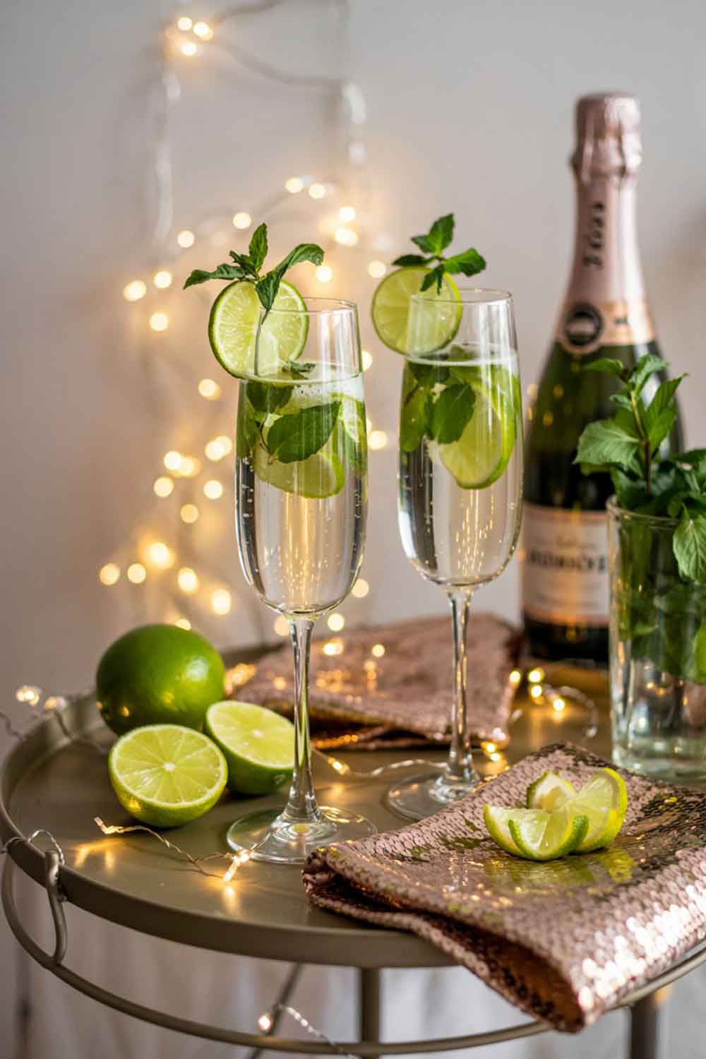 A glamorous mojito in a champagne flute with pale golden bubbles, mint leaves, and lime slices floating. Topped with prosecco or champagne. Garnished with a curl of lime peel and a sprig of mint. Set on a holiday bar cart with sequin napkins, a bottle of bubbly, and string lights in the background. Classy, festive home party vibe.