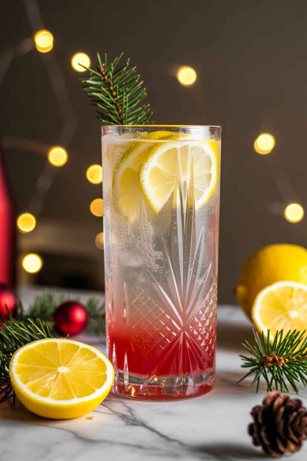 Christmas Tequila Collins A tall Collins glass filled with a fizzy lemon tequila drink with a touch of red syrup at the bottom. Styled with citrus slices, subtle holiday ornaments, evergreen accents, and warm home lighting.