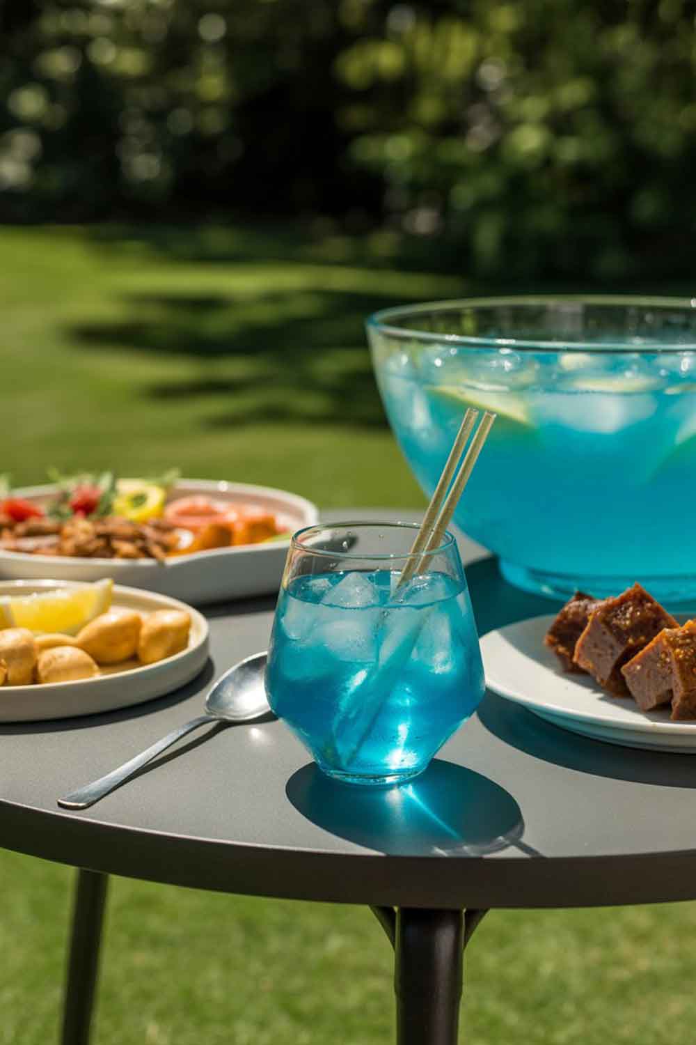 Blue Lagoon Rum Punch Vibrant blue lagoon rum punch served in a glass with ice and straws, with a large punch bowl and plates of snacks on an outdoor table in the sunshine.
