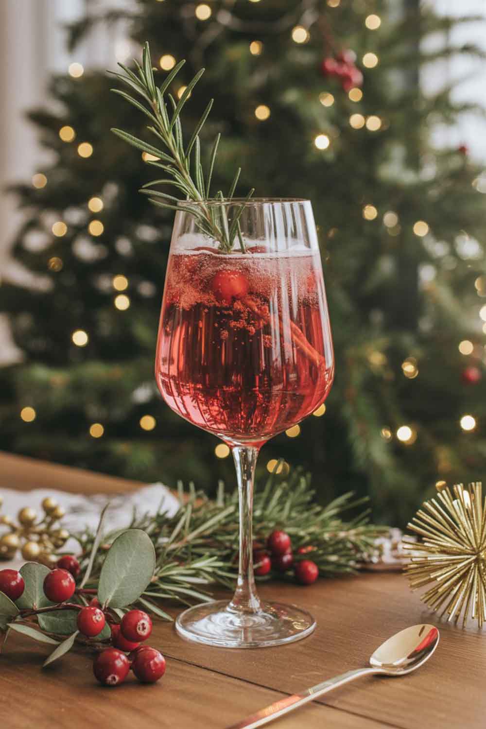 Rosemary Cranberry Tequila Spritz A spritz served in a wine glass with red cranberry tones, bubbles, and a rosemary sprig garnish. Set on a wooden table with cranberries, greenery, gold décor, and soft Christmas lights for that elegant holiday glow.