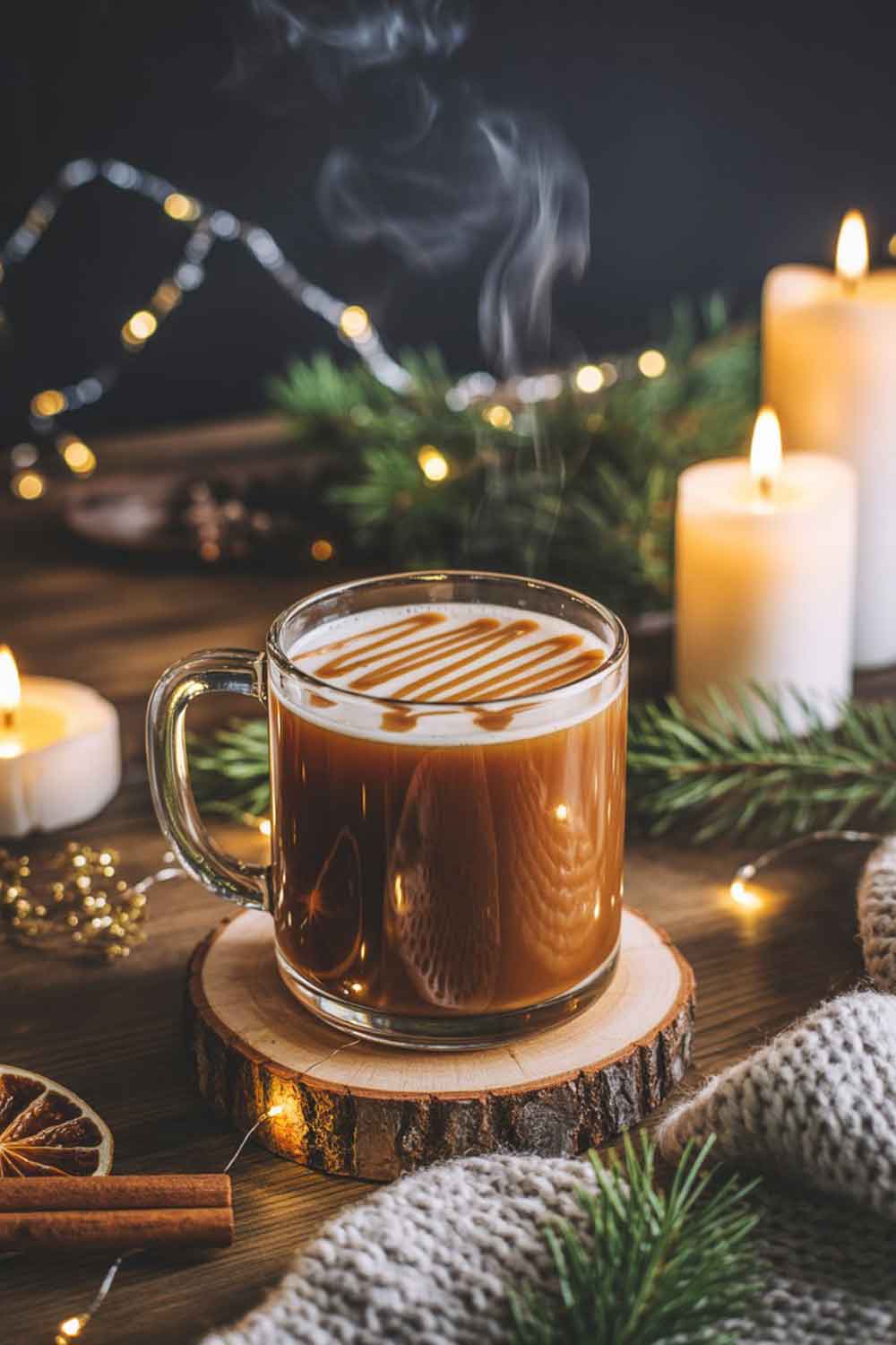 Toffee Tequila Hot Buttered Cocktail A mug filled with a rich toffee hot buttered tequila drink, steam rising, with caramel drizzle on top. Styled near candles, pine branches, knitted textures, and warm golden Christmas lights for a cozy fireside vibe.