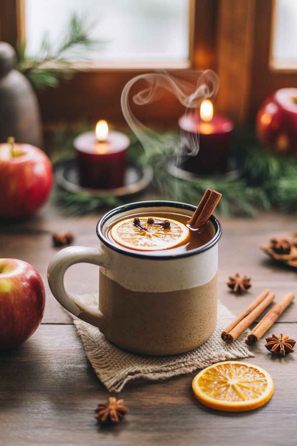 Cinnamon Rum Apple Cider A steaming mug of cinnamon rum apple cider, garnished with a cinnamon stick and floating clove-studded orange slice. Set in a rustic kitchen with apples and whole spices scattered nearby. Steam rising from the mug, surrounded by holiday accents.