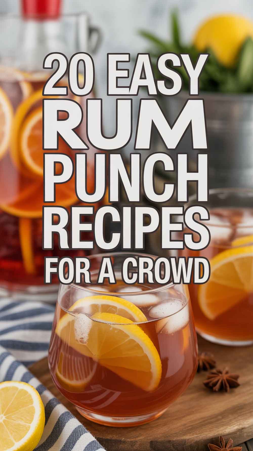 20 Easy Rum Punch Recipes For A Crowd 2 20 Easy Rum Punch Recipes For A Crowd — a bright photo of rum punch with orange slices and ice in a glass, text overlay promoting easy large-batch cocktail ideas for parties.