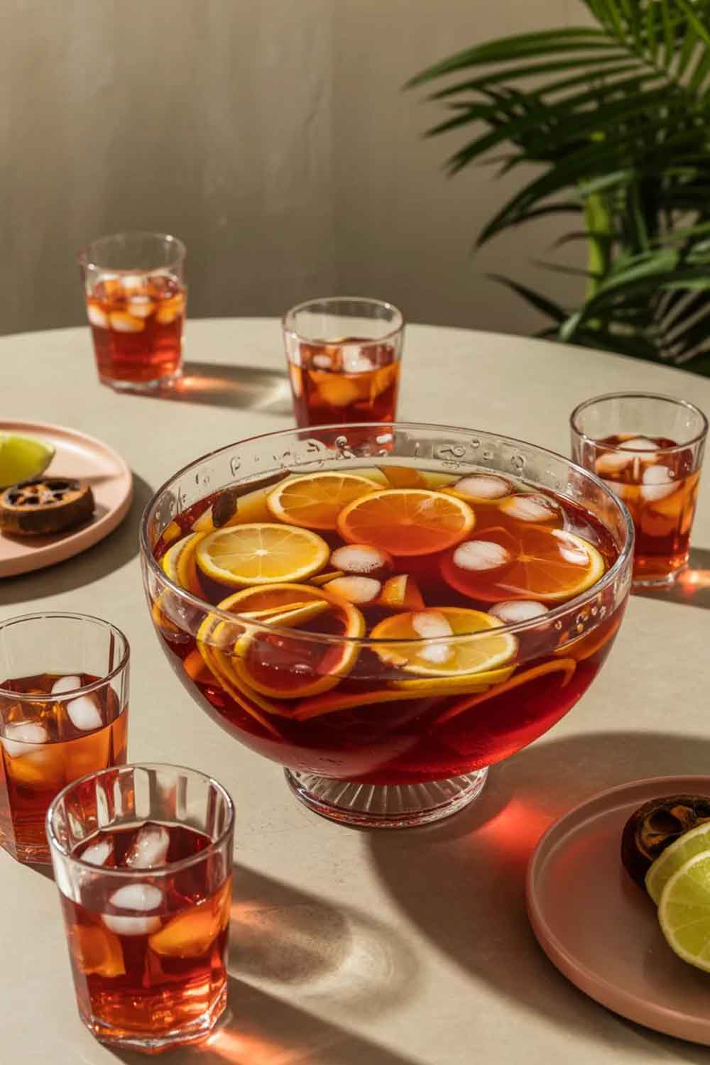 Caribbean Party Rum Punch Large punch bowl of Caribbean party rum punch filled with ice, orange, and lemon slices, surrounded by glasses of the same bright red drink on a sunlit table.