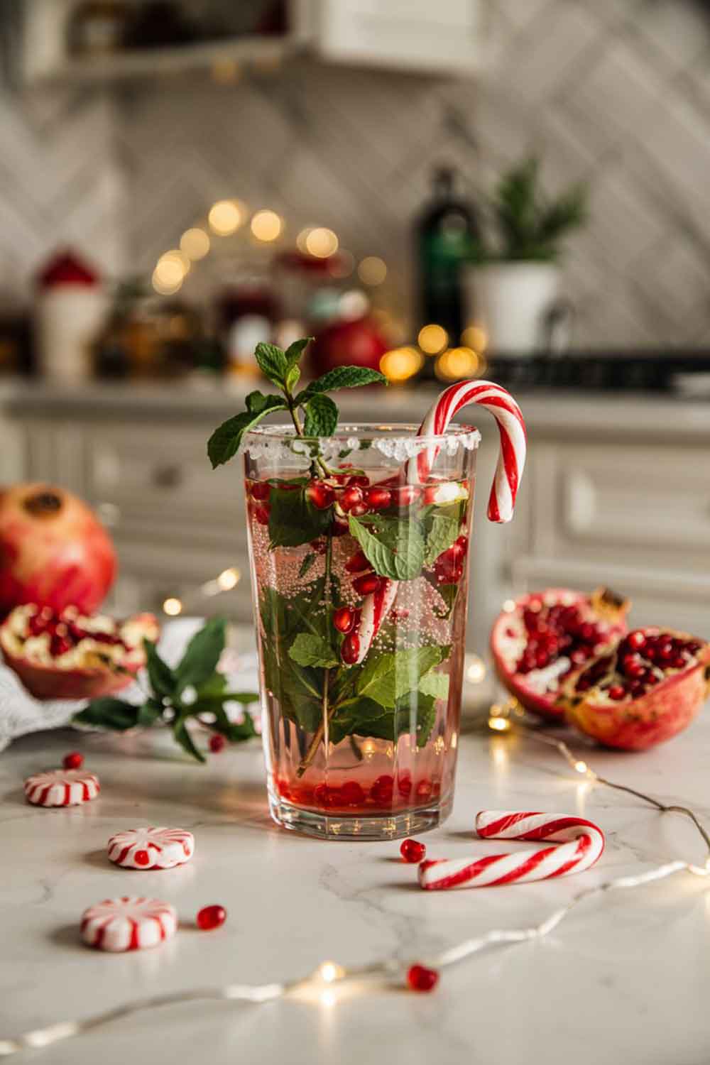 A festive mojito in a clear glass with crushed candy cane on the rim, filled with pomegranate seeds, fresh mint, and a hint of sparkle. The drink has a rosy hue with fizzy bubbles. Set on a marble or white kitchen island with scattered peppermint candies and pomegranate halves nearby. Subtle fairy lights in the blurred background.