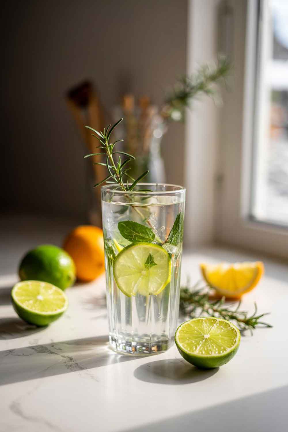 A winter mojito in a tall highball glass, with a sprig of rosemary lightly torched for garnish, floating over clear soda and muddled mint. The drink has a pale green tint with lime slices visible. Set near a kitchen window with light streaming in, rosemary and citrus arranged casually around. Minimalist but warm home decor.