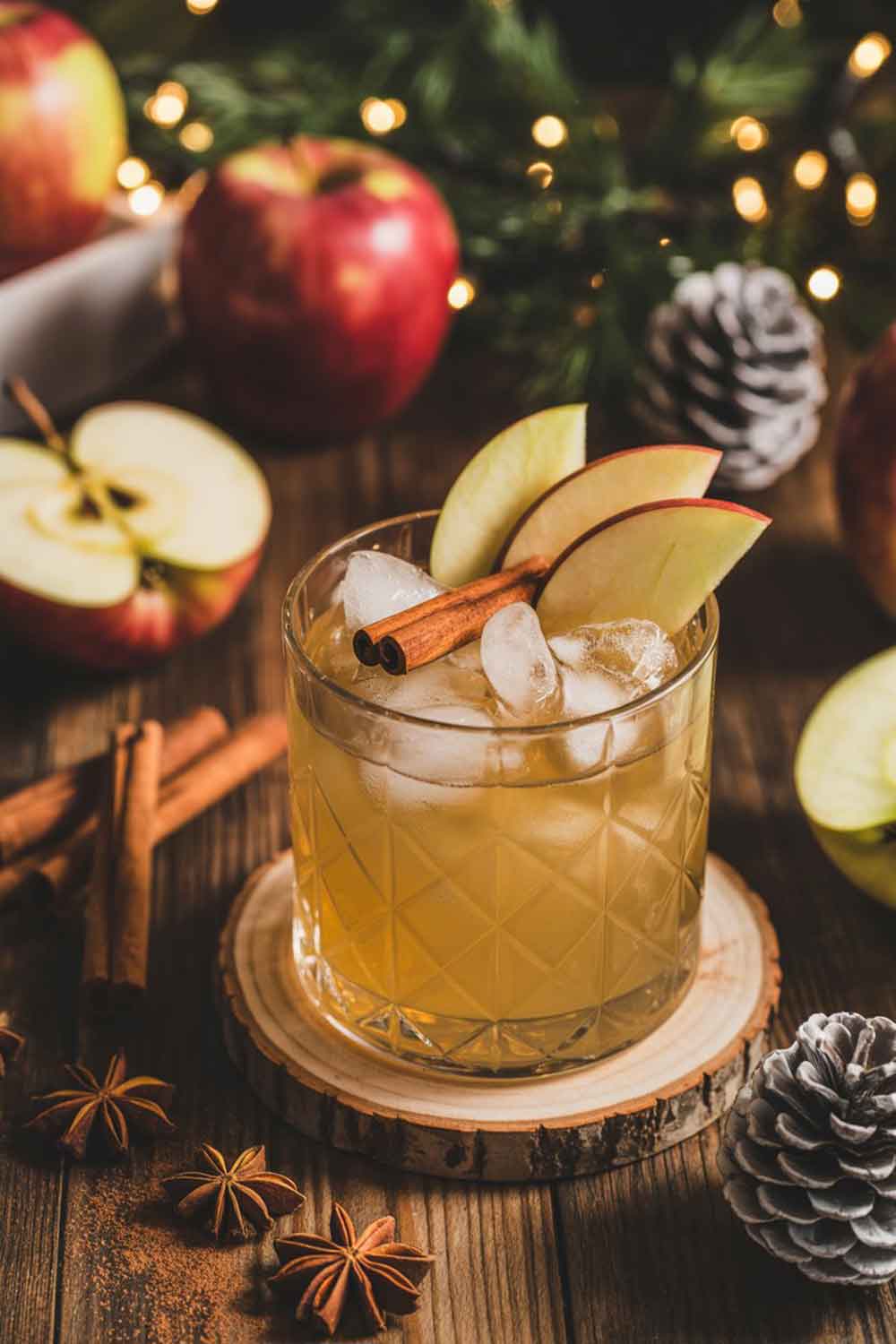 Spiced Apple Tequila Smash A rocks glass filled with a golden spiced apple tequila cocktail over crushed ice, garnished with apple slices and cinnamon. Placed on a wooden table with winter apples, cinnamon sticks, pinecones, and soft Christmas lighting around it.