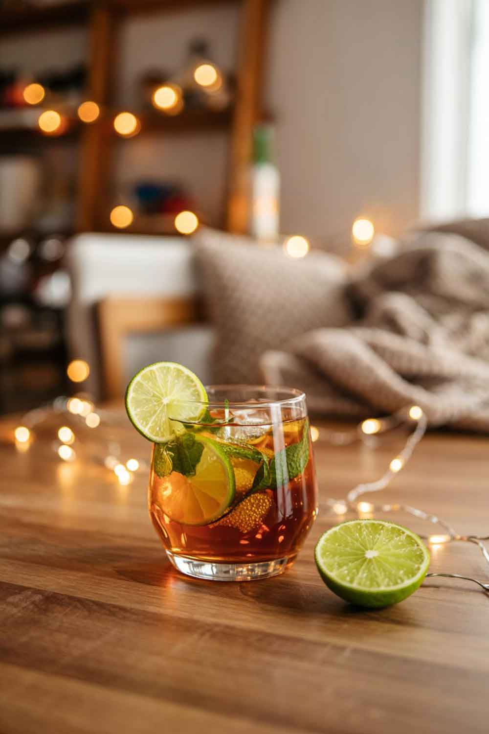 A cozy cocktail in a wide lowball glass with spiced rum, lime, mint, and soda, topped with a twist of lime peel. The drink is golden-hued with visible bubbles. Set on a wooden dining table with a knit throw or scarf nearby, holiday string lights blurred in the background. Ambient warm home interior.