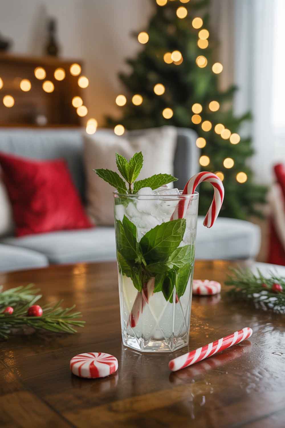 Peppermint Tequila Mojito A tall glass of clear and minty peppermint mojito with visible mint leaves, crushed ice, and a candy cane–striped garnish. Styled with peppermint candies, evergreen branches, and warm Christmas lights in a cozy living room scene.