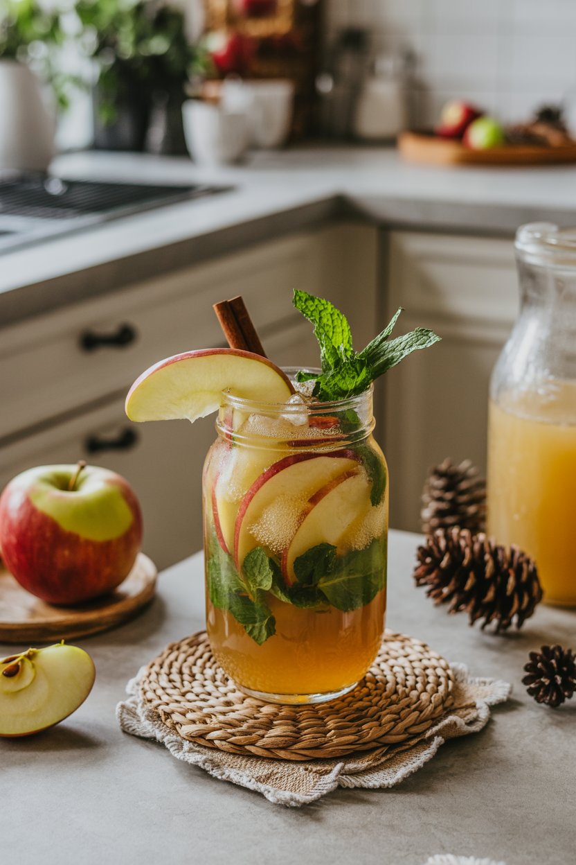 A golden apple cider mojito in a mason jar-style glass with crushed ice, apple slices, fresh mint, and sparkling water. Garnished with a cinnamon stick and thin apple wedge. Placed on a rustic kitchen table with a woven placemat, pine cones, and a jug of apple cider.