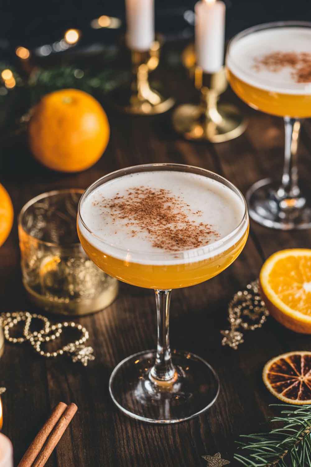 Cinnamon Orange Tequila Sour A coupe glass holding a frothy orange tequila sour topped with a dusting of cinnamon. Set on a dark wooden table with oranges, cinnamon sticks, gold holiday accents, and soft candlelight reflecting off the glass.