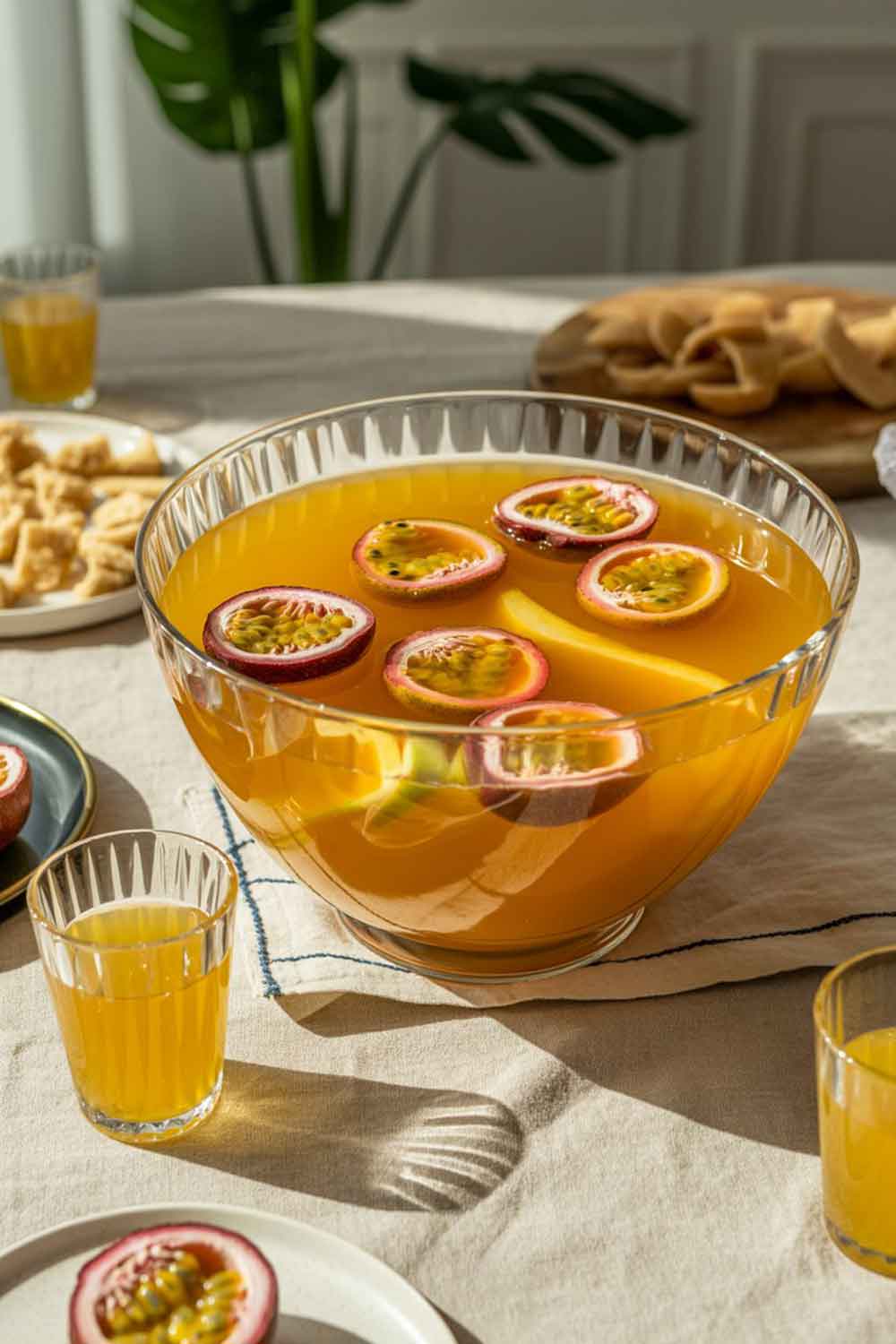 Passion Fruit Rum Punch Glass punch bowl filled with golden passion fruit rum punch topped with halved passion fruits, a bright tropical cocktail perfect for parties and group gatherings