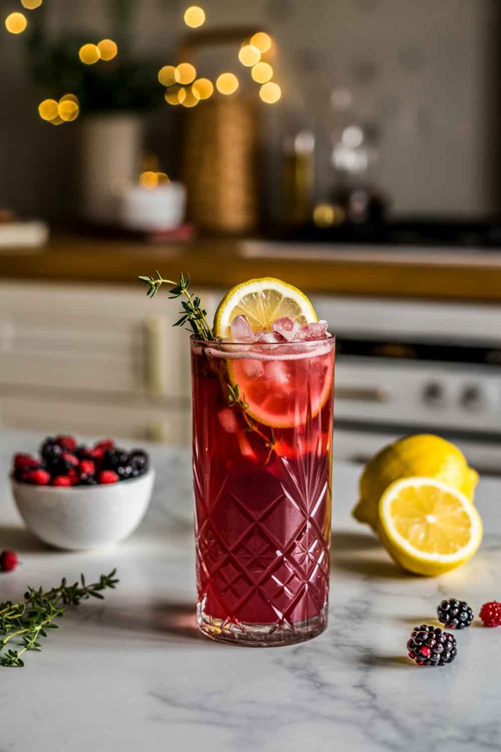 Deep berry-colored mocktail in a tall glass with lemon and thyme, set on a cozy kitchen table with winter berries and soft lights.