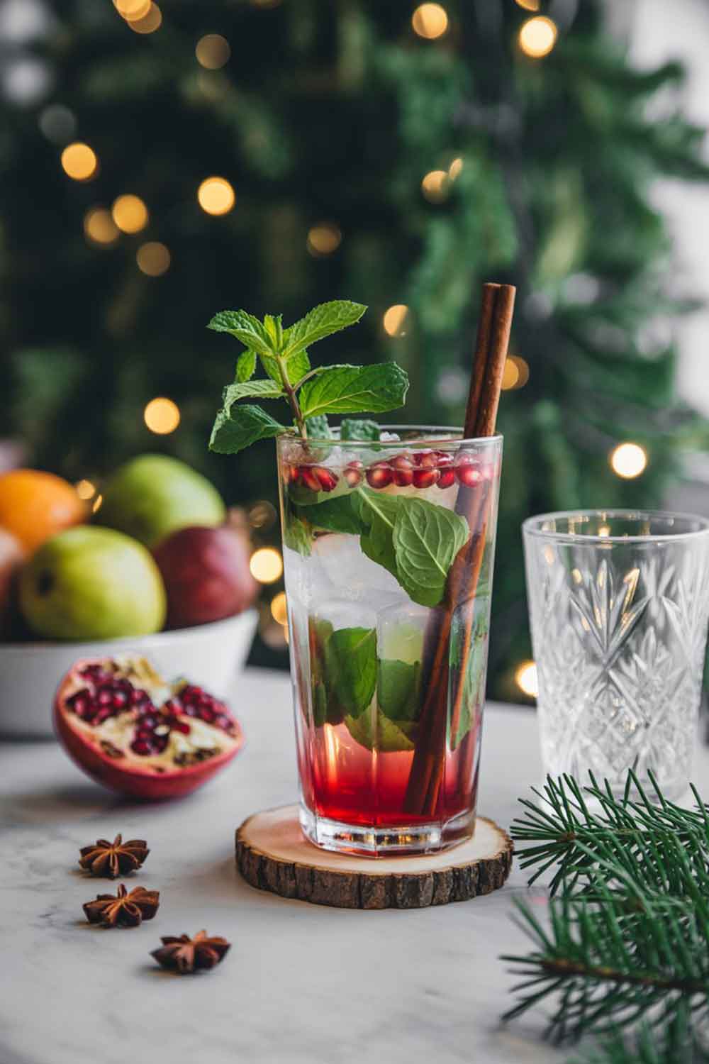 Winter Spice Mojito A refreshing winter mojito with mint leaves and pomegranate seeds in a tall glass. Styled with a cinnamon stick stirrer and frosted glass, on a table with a bowl of holiday fruits, surrounded by fairy lights and winter greenery.