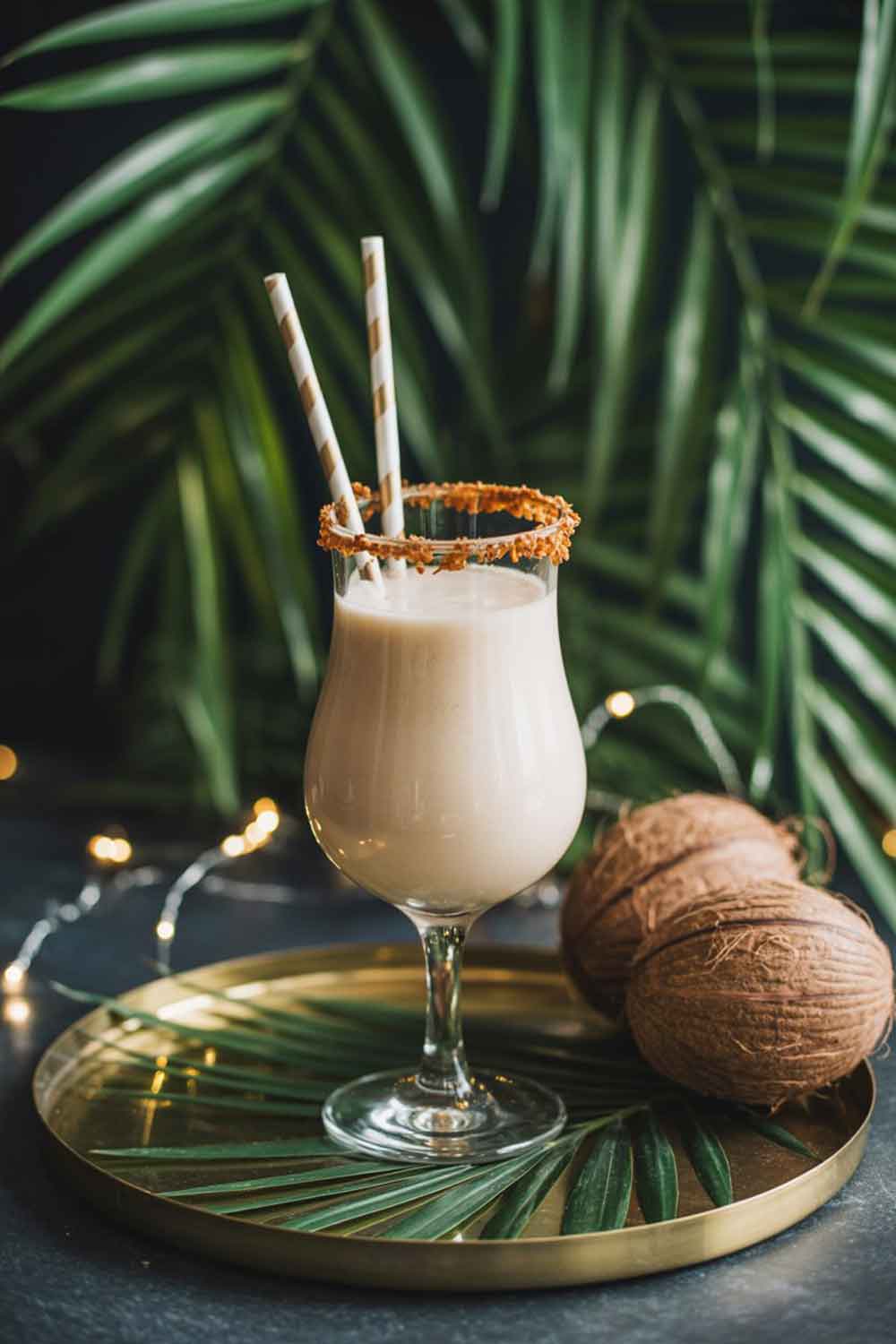 Caribbean Christmas Cooler A tropical-inspired creamy cocktail in a hurricane glass, garnished with nutmeg and rimmed with toasted coconut. Styled on a tray with palm leaves and subtle Christmas touches like twinkle lights or mini ornaments in warm climates.