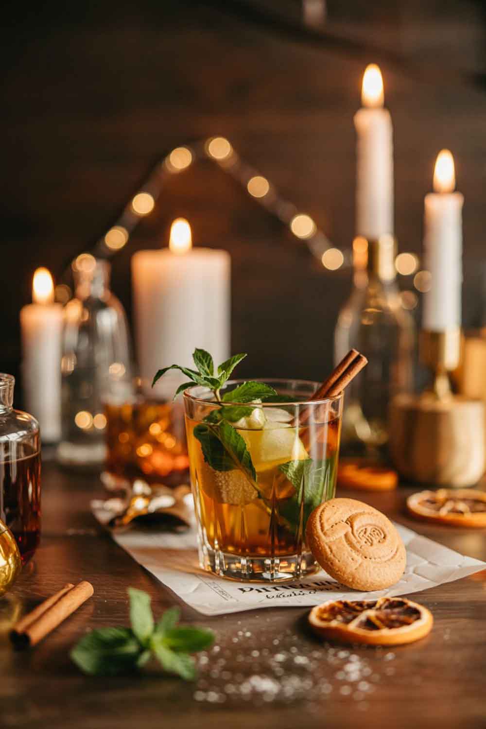 A warm-toned mojito in a rocks glass with golden spiced rum, maple syrup, muddled mint, and cinnamon. Garnished with a cinnamon stick and maple leaf-shaped cookie nearby. Placed on a dark wooden surface with fall-to-winter transition decor — think candles, dried orange slices, and soft lighting.