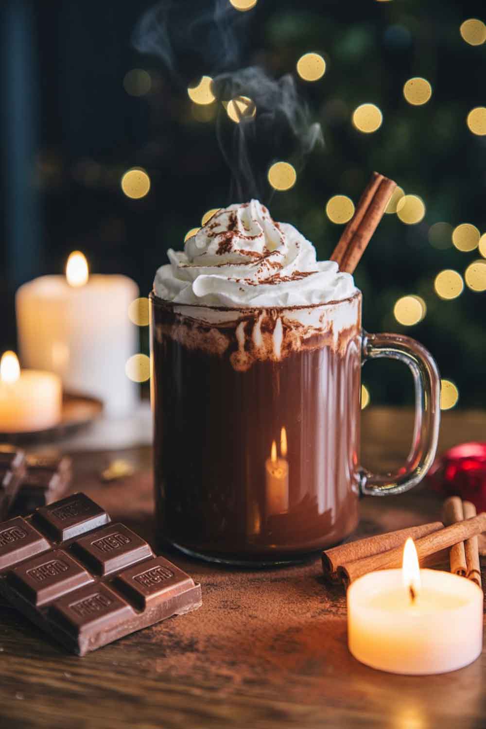 Mexican Hot Chocolate Tequila A steaming mug of rich hot chocolate with a cinnamon sprinkle and whipped cream, showing hints of tequila warmth. Surrounded by chocolate pieces, cinnamon sticks, and glowing candles on a wooden table with soft Christmas light bokeh behind it.