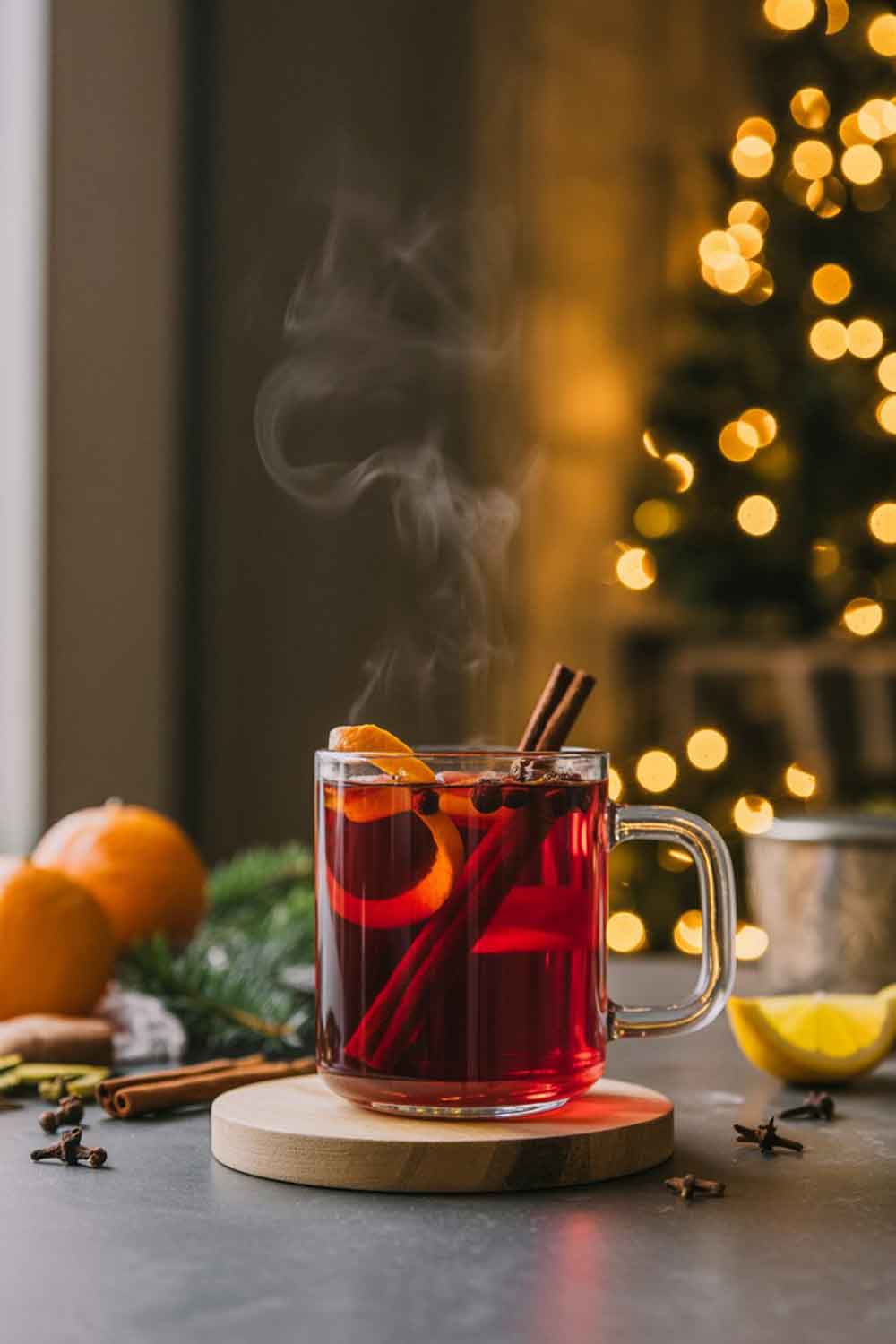 Steaming mulled cranberry mocktail in a clear glass mug with cinnamon, cloves, and orange peel, set against soft festive décor.