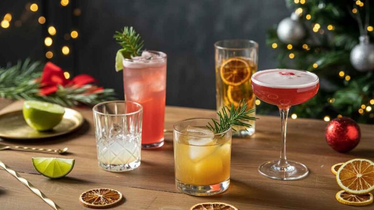A festive wooden table displaying an assortment of colorful Christmas cocktails with tequila, surrounded by lime wedges, dried citrus slices, rosemary sprigs, and warm holiday lights with a Christmas tree in the background.