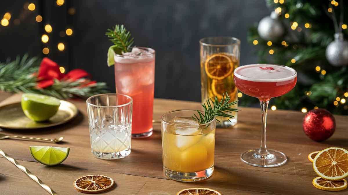 A festive wooden table displaying an assortment of colorful Christmas cocktails with tequila, surrounded by lime wedges, dried citrus slices, rosemary sprigs, and warm holiday lights with a Christmas tree in the background.
