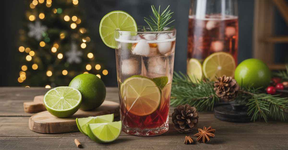 A tall glass of festive mojito garnished with lime slices and a rosemary sprig sits on a wooden table surrounded by pinecones, fresh limes, and Christmas greenery — perfect for showcasing Christmas mojito recipe ideas in a cozy holiday home setting.
