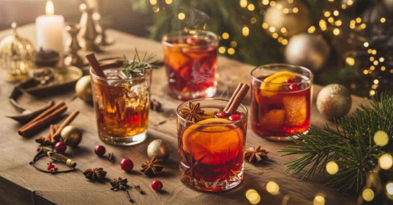 A featured image of a selection of christmas spiced rum cocktails in a warm festive setting.