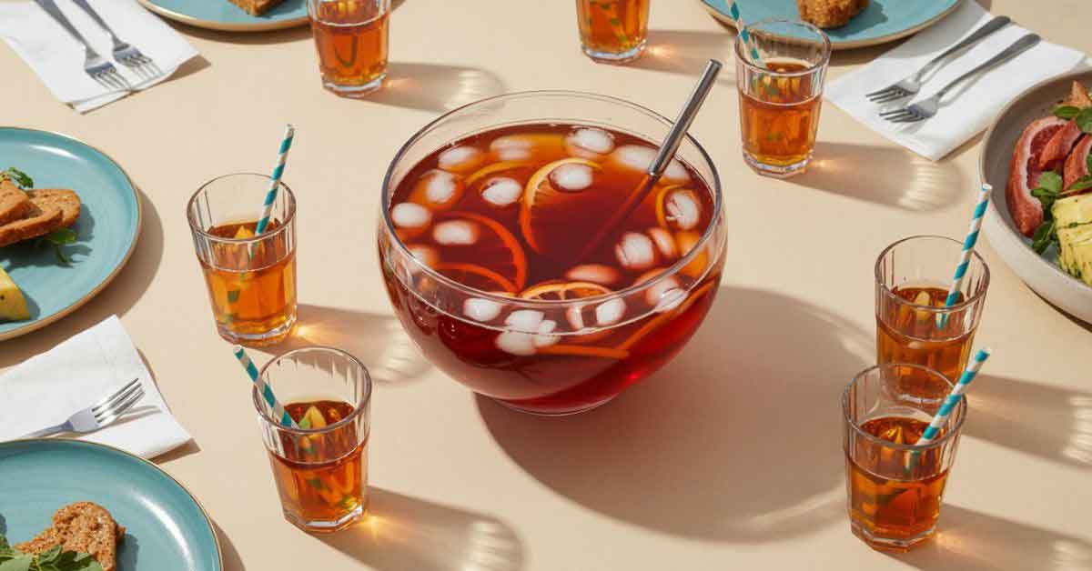 Easy Rum Punch Recipes For A Crowd — a large punch bowl filled with rum punch, ice, and orange slices on a table surrounded by glasses with striped straws and plates of food.