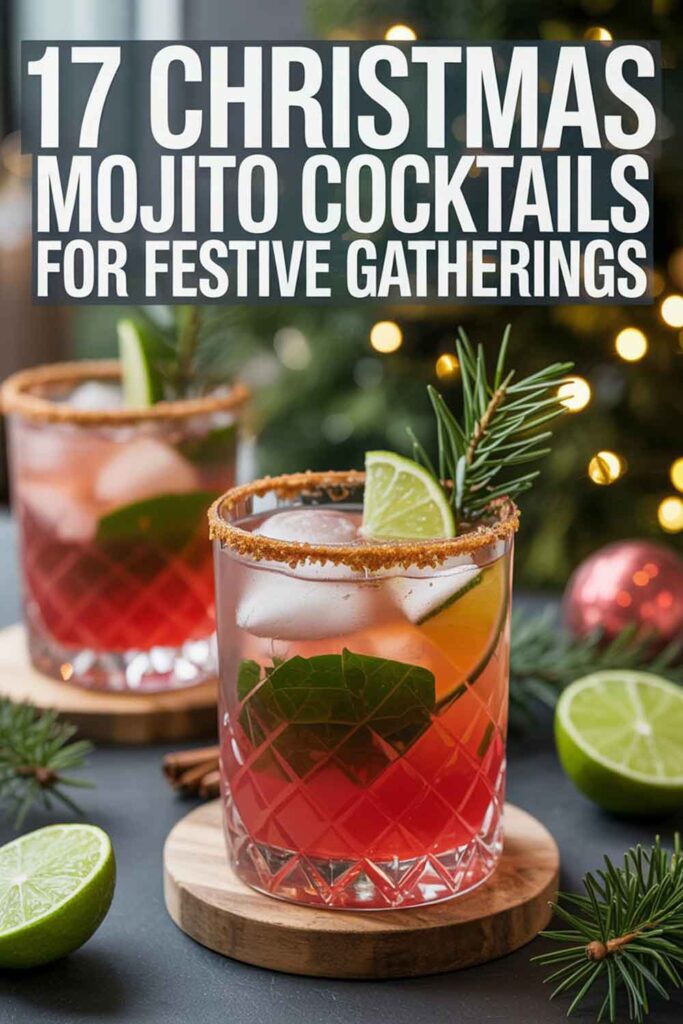 Two festive mojitos in crystal glasses garnished with lime wedges and pine sprigs sit in front of a glowing Christmas tree, perfect for showcasing Christmas mojito recipes in a cozy holiday setting.