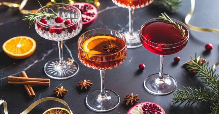 A festive table with sprigs of pine, cinnamon sticks, and orange slices with 4 glasses of different colored Christmas gin cockatils.